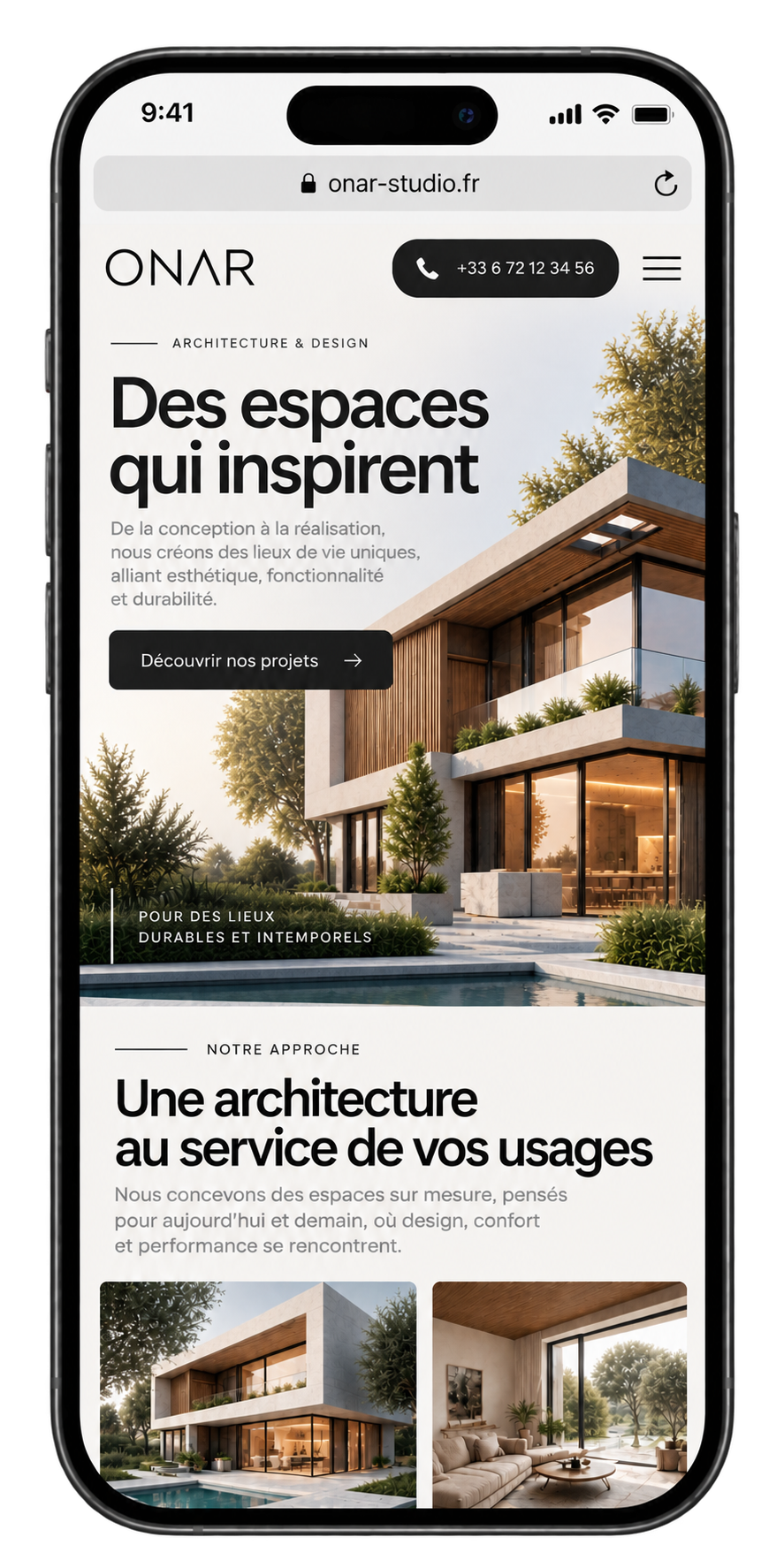 Après : exemple de site mobile d'architecte présentant un projet avec son contexte et un bouton de contact
