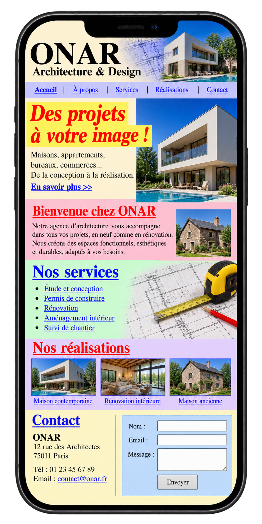 Avant : exemple de site mobile d'architecte avec une galerie de photos sans texte ni bouton