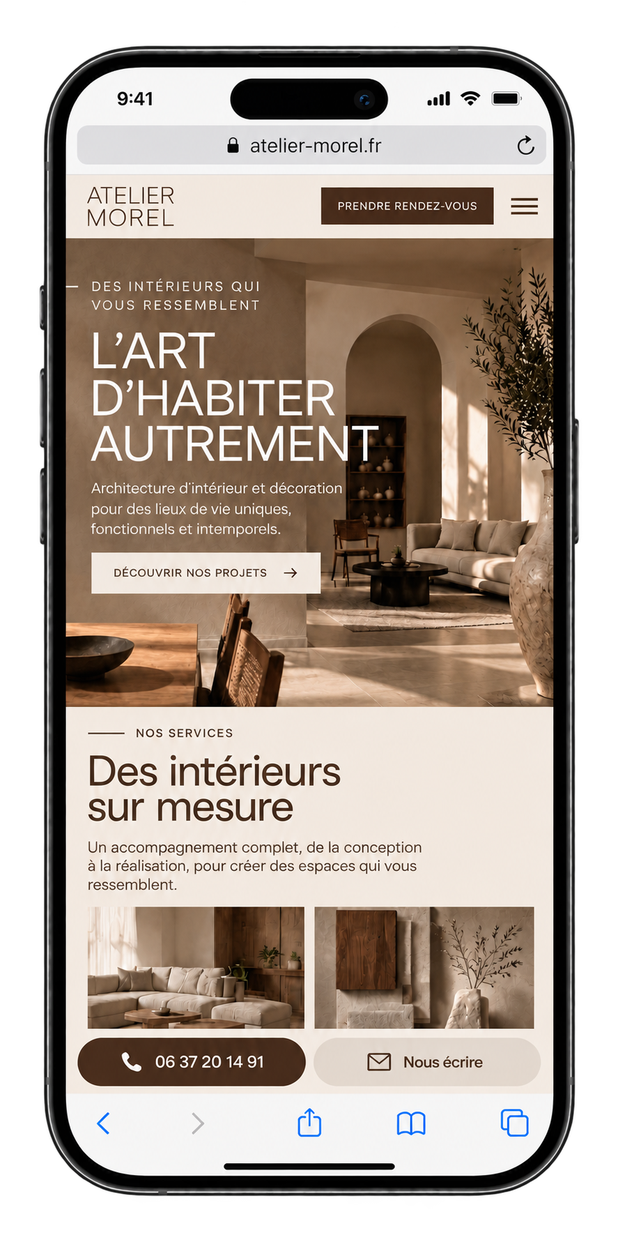 Après : exemple de site mobile de décorateur d'intérieur avec une accroche claire et un bouton de prise de rendez-vous