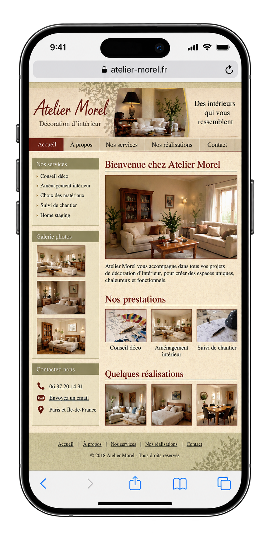 Avant : exemple de site mobile de décorateur d'intérieur avec une photo plein écran sans texte ni bouton