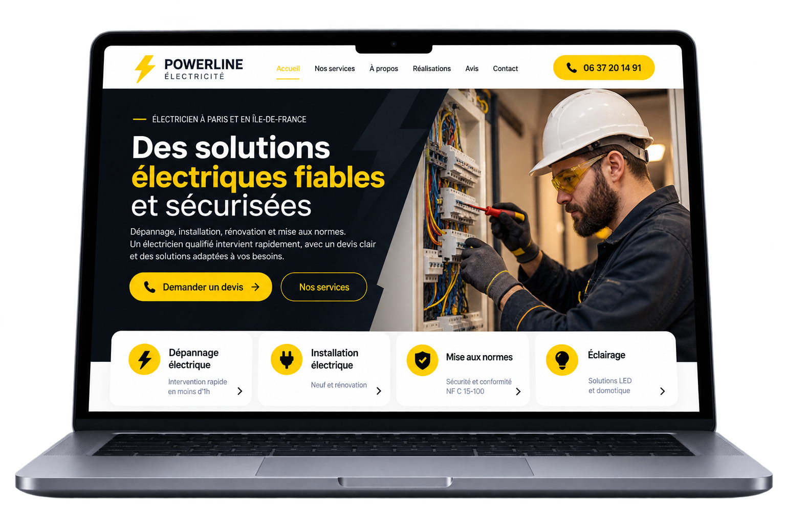 Exemple de site internet moderne pour électricien présenté sur ordinateur portable