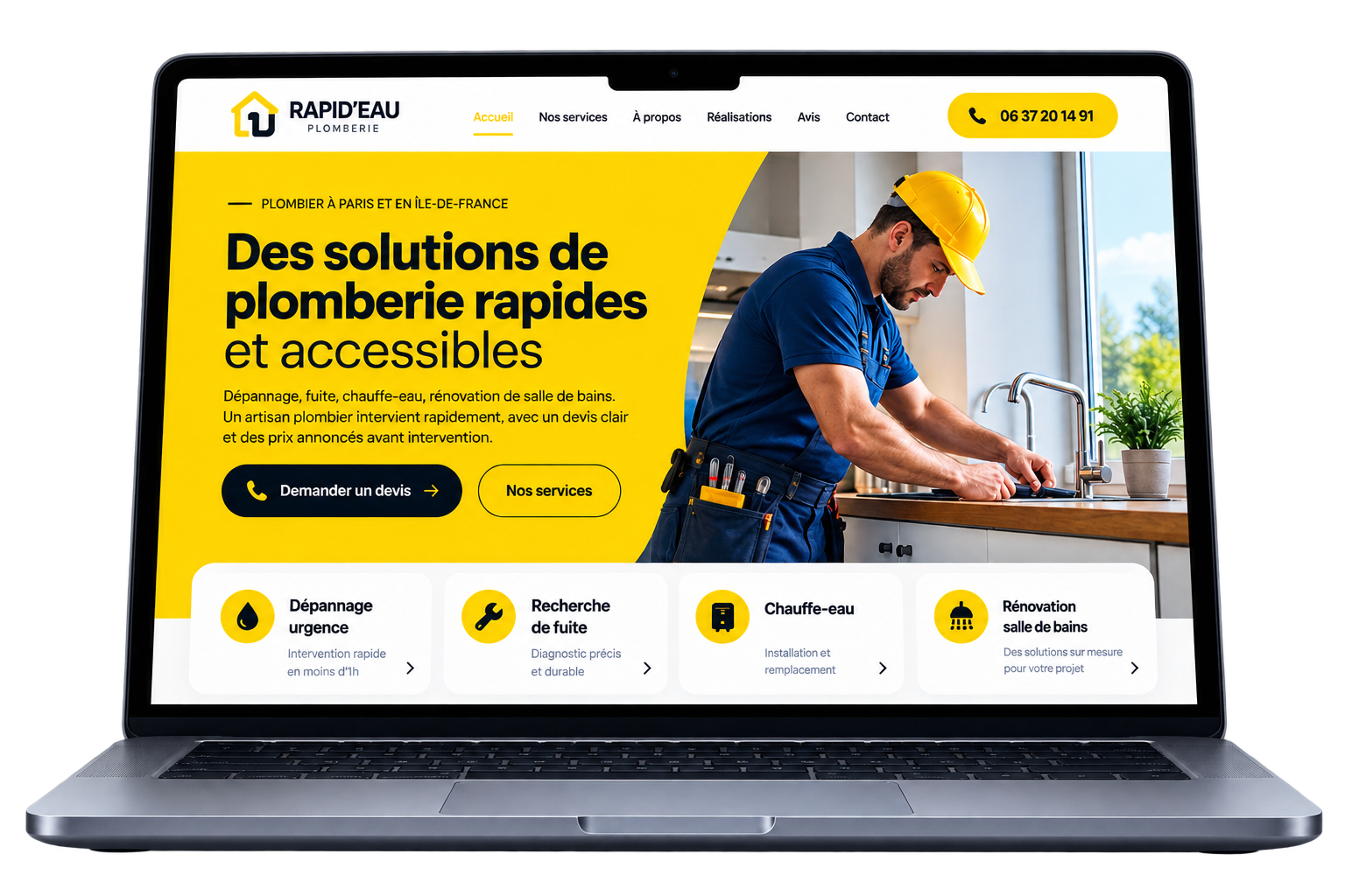 Exemple de site internet moderne pour plombier présenté sur ordinateur portable