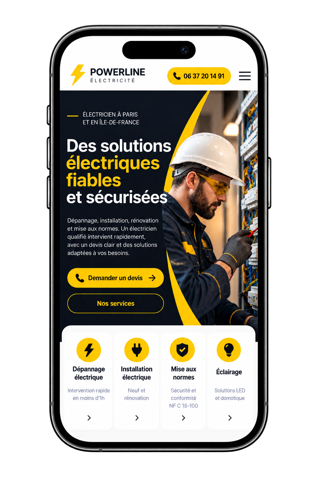 Après : exemple de site mobile d'électricien avec qualifications et photos de chantier