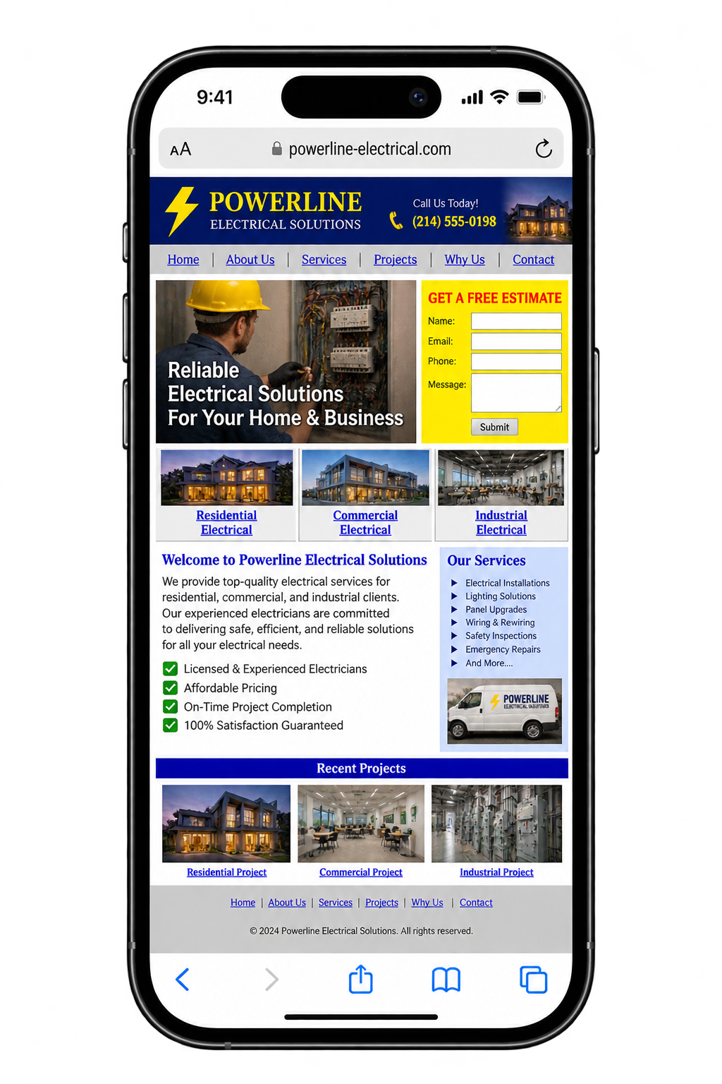 Avant : exemple de site mobile d'électricien avec des images génériques