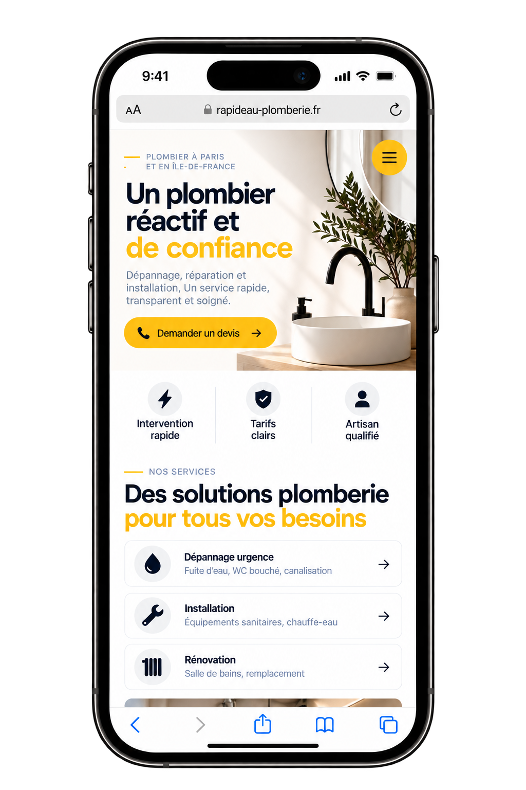 Après : exemple de site mobile moderne pour plombier