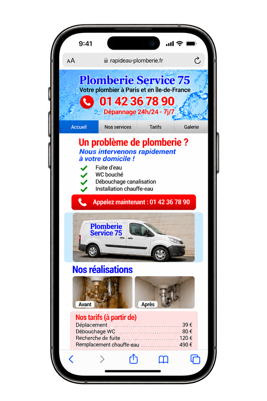 Avant : exemple de site mobile de plombier au design daté
