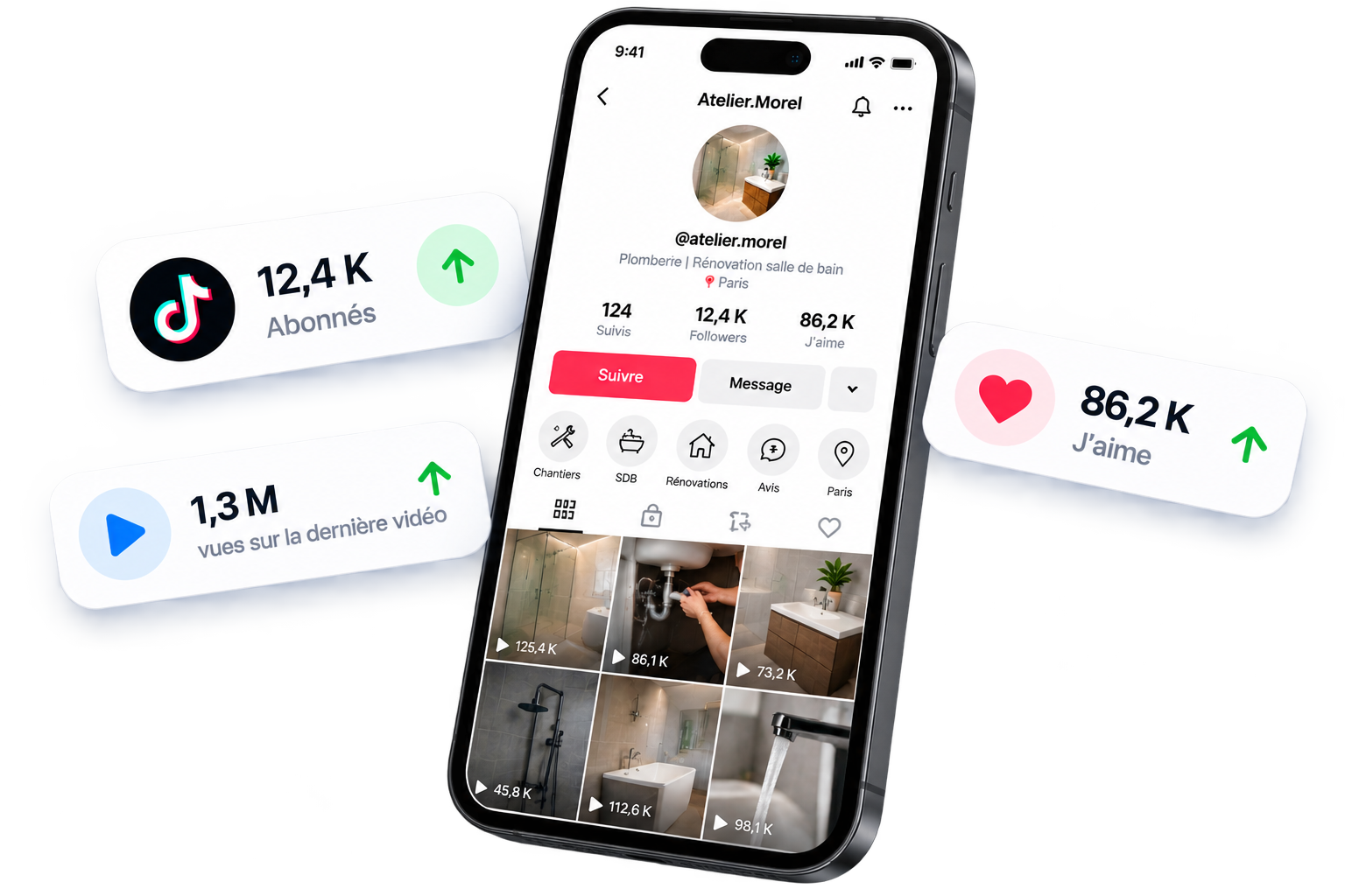 Fiche Google avec avis clients et publication vidéo sur les réseaux sociaux, affichées sur smartphone